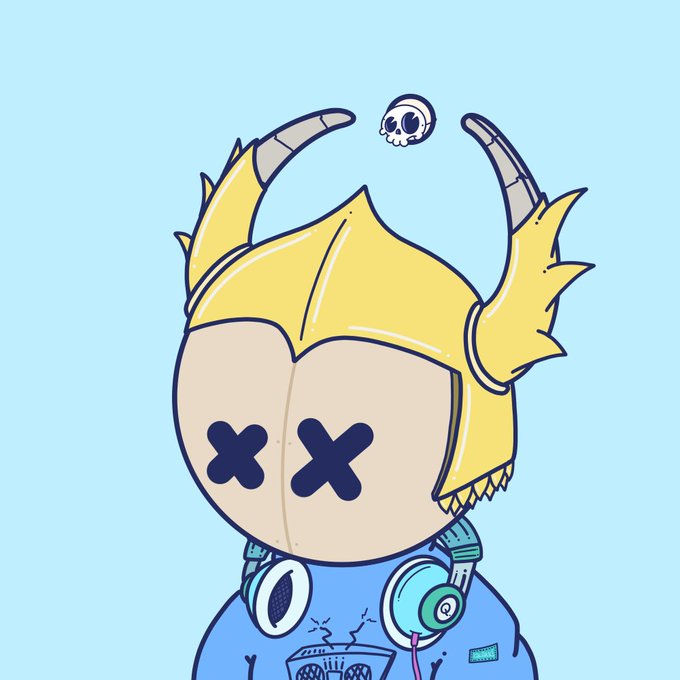 A cartoon illustration of a blonde character with large X-shaped eyes and headphones, with a small skull floating above on a light blue background.