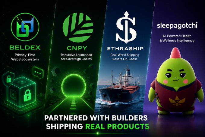 The image is a promotional banner featuring four partnered projects—Beldex (privacy-first Web3 ecosystem), CNPY (recursive launchpad for sovereign chains), Ethraship (real-world shipping assets on-chain), and Sleepagotchi (AI-powered health & wellness intelligence)—alongside the tagline "Partnered with builders shipping real products," visually reinforcing the post's message about diverse crypto projects building practical, real-world applications beyond speculation.