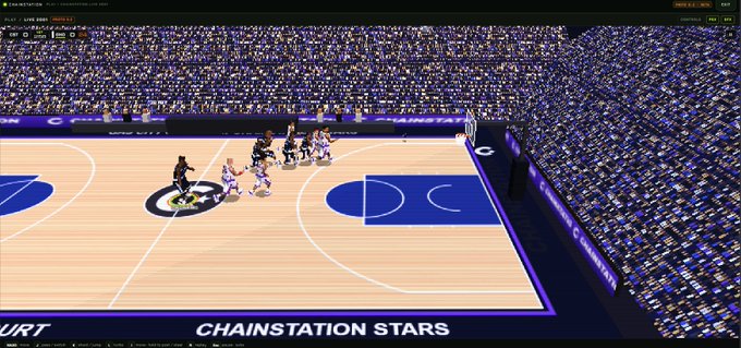A screenshot of a basketball video game titled 'CHAINSTATION STARS' showing players on a court with a crowd in the stands.