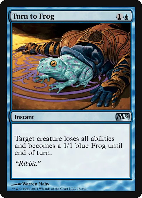 A Magic: The Gathering card titled 'Turn to Frog' shows artwork of a frog emerging from armor, with card text reading 'Target creature loses all abilities and becomes a 1/1 blue Frog until end of turn. "Ribbit."'