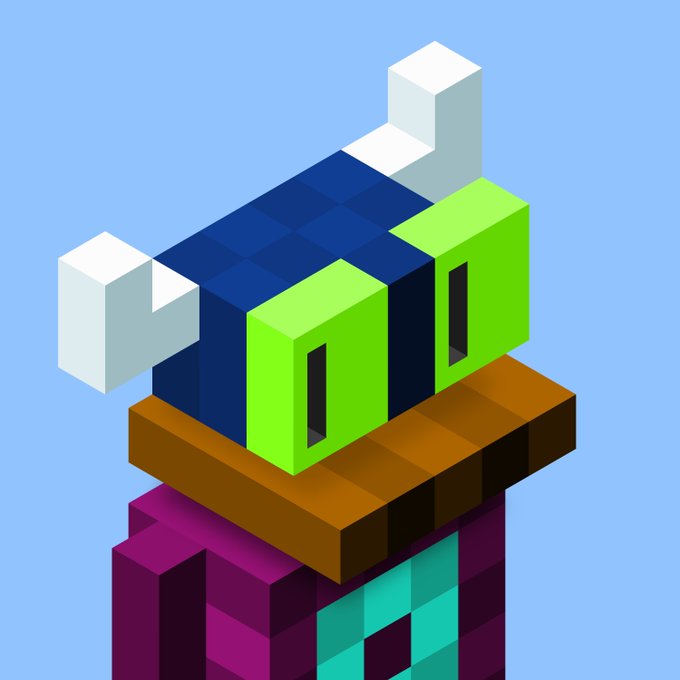 An isometric voxel-style character with a blue head, green glowing eyes, and a purple/magenta body, set against a light blue background.
