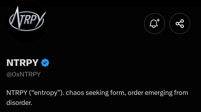 A Twitter/X profile page for "NTRPY" (@0xNTRPY), verified with a blue checkmark, featuring the tagline: 'NTRPY ("entropy"). chaos seeking form, order emerging from disorder.'