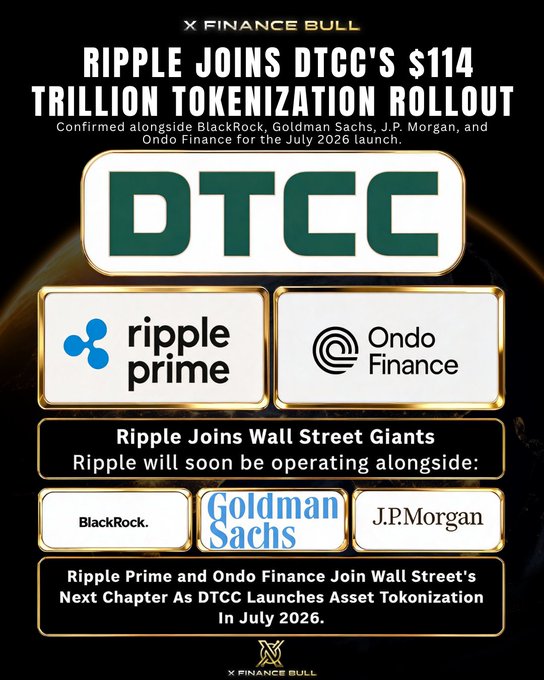 The image features a poster for Ripple Coin's tokenization service. It includes logos of Ripple Prime and Ondo Finance along with other companies such as BlackRock, Goldman Sachs, and JPMorgan. The poster also mentions that the next month will be historic for Ripple Prime and Ondo Finance, which is related to the $XRP coin.