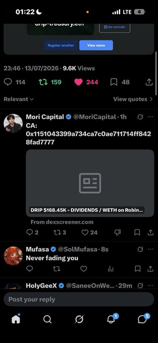 A Twitter/X screenshot dated 13/07/2026 showing a tweet from @MoriCapital with a crypto contract address (0x1151043399a734ca7c0ae711714ff8428fad7777), referencing DRIP $168.45K - DIVIDENDS / WETH on Robinhood via dexscreener.com.