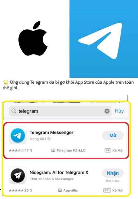 A Vietnamese-language screenshot showing the Apple logo and Telegram logo, with text indicating Telegram has been removed from the Apple App Store worldwide, and the App Store search results showing Telegram Messenger with a 'Mở' (Open) button.