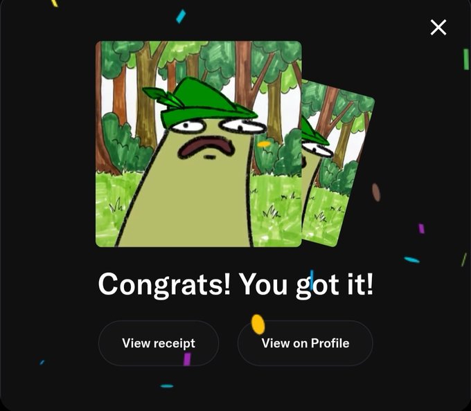 A digital congratulations screen displaying cartoon characters with green leaf hats, saying 'Congrats! You got it!' with buttons for 'View receipt' and 'View on Profile'.