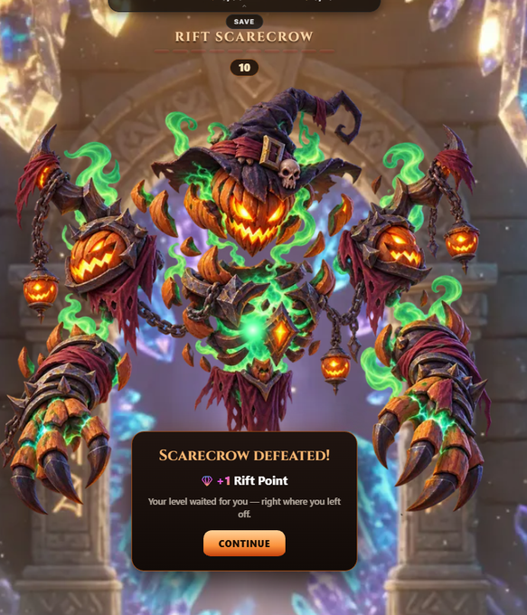 A victorious "Scarecrow Defeated!" screen in the game Spirit Clicker shows the defeated "Rift Scarecrow" boss (Level 10), awarding "+1 Rift Point" with a message that "Your level waited for you — right where you left off." The image relates to the post by showcasing in-game progress toward climbing the Spirit Clicker leaderboard to earn an ENJ-infused Spirit Blob reward.