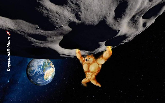 The image features a cartoon depiction of a muscular dog holding onto a large planet, with the planet appearing as a black circle against a dark background. The caption below the image reads "Dogecoin to the mooooooooooooooooooon". This suggests that there is some connection between the Dogecoin coin and the scene depicted in the image.