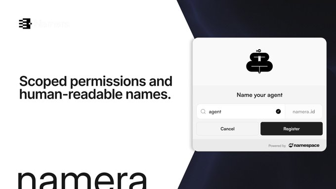 A promotional graphic for 'namera' featuring the text 'Scoped permissions and human-readable names.' alongside a mockup of an agent registration interface powered by Namespace.