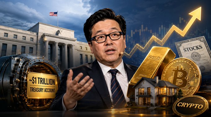 A composite image featuring a man in glasses and a suit gesturing in front of the U.S. Treasury/Federal Reserve building, surrounded by graphics of a '$1 TRILLION TREASURY ACCOUNT' vault, gold bars, Bitcoin, stocks, a house, and an upward arrow with 'CRYPTO' labeled.