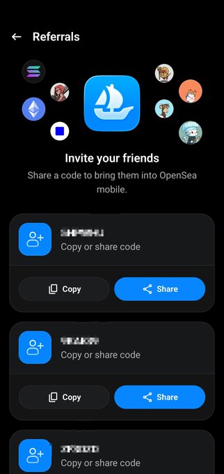 A mobile app screenshot titled "Referrals" for OpenSea, displaying the message "Invite your friends" and "Share a code to bring them into OpenSea mobile," with blurred referral codes and options to Copy or Share.