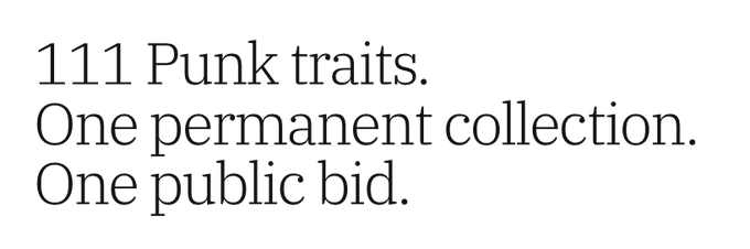 The image features a gray background with white text that reads "11 punk traits. One permanent collection. One public bid." The text is written in black, making it stand out against the gray backdrop.