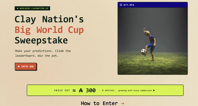 The image shows a webpage for Clay Nation's Big World Cup Sweepstakes, with an image of a soccer player kicking a ball. The text on the page invites viewers to enter the sweepstakes by entering their predictions about the soccer player's performance. There is also information about how to enter and what to do if you win.