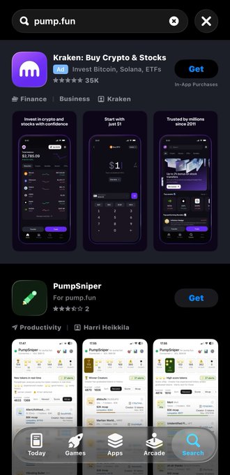 A mobile App Store search results page for "pump.fun" showing apps like "Kraken: Buy Crypto & Stocks" and "PumpSniper for pump.fun."