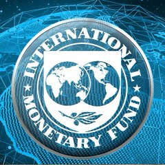 The official seal of the International Monetary Fund (IMF) displayed against a blue digital network background.