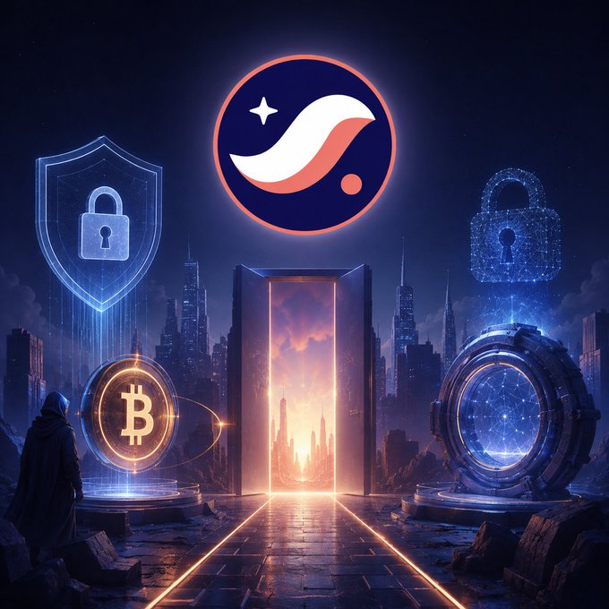 A sci-fi/futuristic digital artwork featuring a central glowing doorway with a stylized white and orange logo above it. The scene includes a Bitcoin symbol on a pedestal to the left, a hooded figure, a digital lock/portal on the right, and a city skyline in the background.