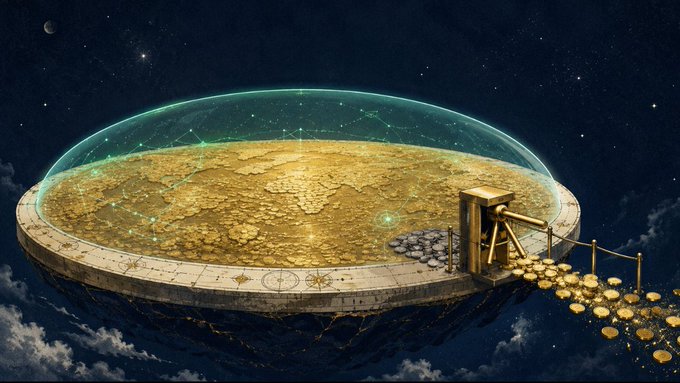 A digital artwork depicts a vast circular platform filled with gold coins, enclosed in a glowing blue dome floating above the clouds in a starry sky, with more gold pouring out of a doorway.