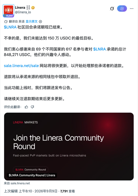 A Chinese-language X (Twitter) post from @linera_io announcing that the $LNRA community round subscription period has ended without reaching the 1.5M USDC minimum target, with refunds to be processed.
