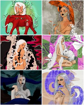 A collage of six surreal digital artworks featuring stylized female figures interacting with animals like elephants, birds, and rabbits, illustrating the "2 sides" of the artist's identity mentioned in the post.