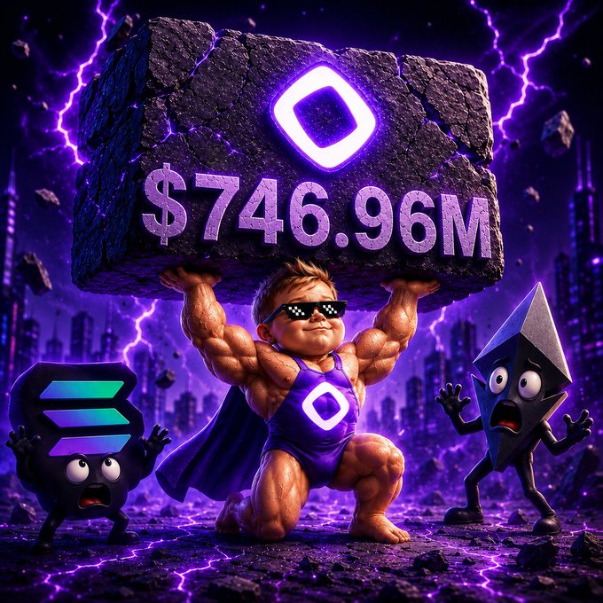 A cartoon-style illustration showing a muscular man wearing sunglasses and a purple outfit lifting a giant rock with a logo, displaying '$746.96M' prominently. Two shocked characters (a stack symbol and an arrow) watch as lightning and a purple cityscape create a dramatic backdrop.