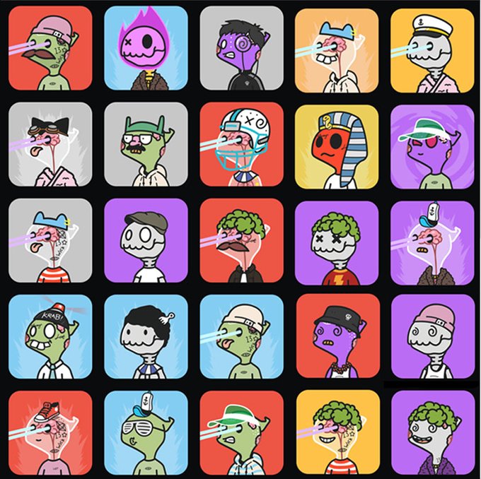 A grid of colorful cartoon NFT-style characters featuring zombie and humanoid figures with various hats and laser beam eyes on brightly colored backgrounds.
