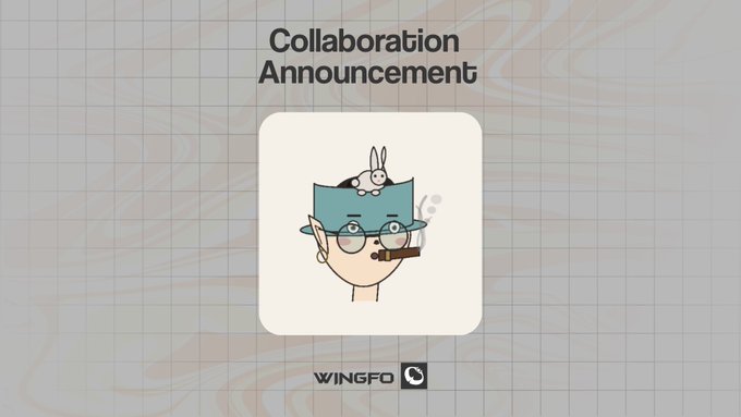 A "Collaboration Announcement" graphic featuring a cartoon character with glasses, a cigar, and a small bunny on his head, branded with the "WINGFO" logo at the bottom. The image accompanies an announcement about a partnership with @JaconLab to create the first human faces in Java on Robinhood.