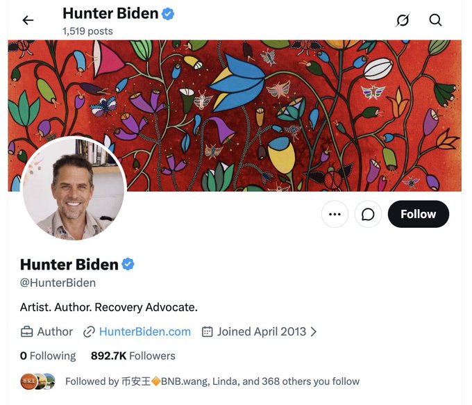 Hunter Biden's X profile displays his bio as "Artist. Author. Recovery Advocate." with 892.7K followers, and is followed by BNB.wang and 368 others, visually supporting the post's claim about the account's recent activity and following patterns related to the $LAPTOP project.