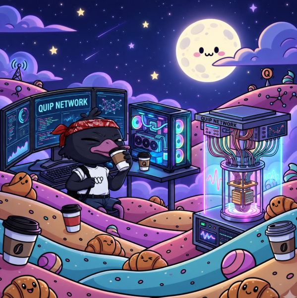 A colorful cartoon illustration shows a duck character wearing a red bandana, drinking coffee in front of computer monitors displaying 'QUIP NETWORK,' with a kawaii moon and stars in the night sky.