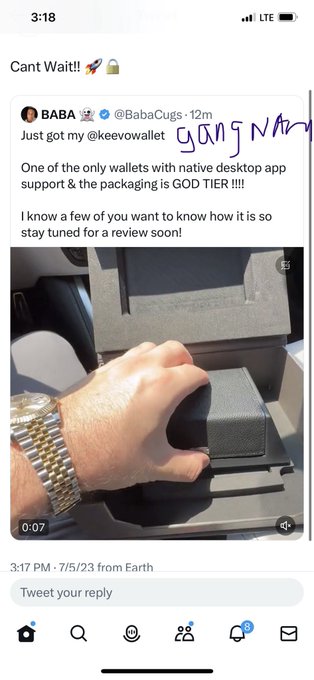 A person shows off their new Keevo wallet, which they describe as "GOD TIER," hinting at a future review. The post mentions "XRP" and a timeframe of "7/22 - 10/22," connecting the wallet to cryptocurrency.