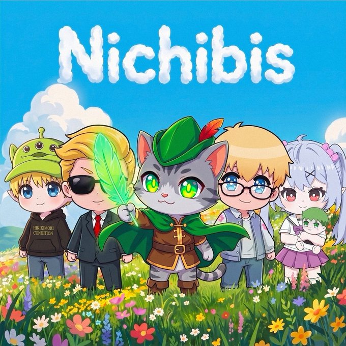 A vibrant cartoon illustration titled "Nichibis" features five chibi-style characters, including a central gray cat dressed as Robin Hood, standing together in a colorful flower field under a bright blue sky. The artwork serves as a promotional piece for the Nichibis NFT collection, announcing its upcoming mint on RHC this September with a focus on low supply and a high-flywheel model.