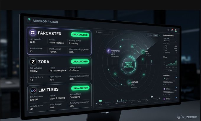 A futuristic digital dashboard interface labeled 'AIRDROP RADAR' displaying unlaunched crypto projects including FARCASTER ($2.1B), ZORA ($950M), and LIMITLESS ($480M) with analytics charts.