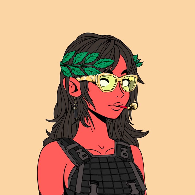 An illustrated character with red skin, a laurel wreath, yellow sunglasses, a tactical vest, and a cigarette in her mouth is depicted in a cartoon art style.