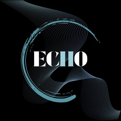 A sleek black background features the text "ECHO" in white serif lettering, surrounded by flowing teal wave patterns and a circular brushstroke design. The futuristic, tech-inspired aesthetic complements the post's message about being early to hidden crypto opportunities and emerging trends before they hit mainstream attention.