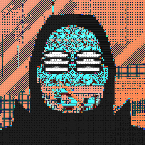 A glitch-style digital portrait featuring a face wearing shutter shades, rendered in cyan and orange circuit board patterns over a dark hood.