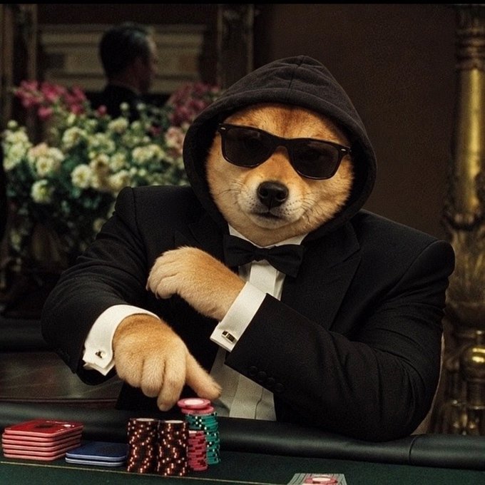 An AI-generated image of a Shiba Inu dog wearing sunglasses, a black hoodie, and a tuxedo, sitting at a poker table with stacks of chips.