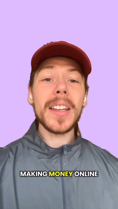 A man in a red baseball cap and gray jacket speaks to the camera against a purple background, with the text 'MAKING MONEY ONLINE' displayed.