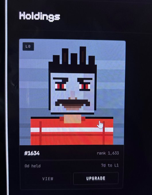 A digital screen displays an NFT-style pixel art character with a black crown/mustache on a blue background, labeled "Holdings" with rank 1,633 and an "UPGRADE" button.