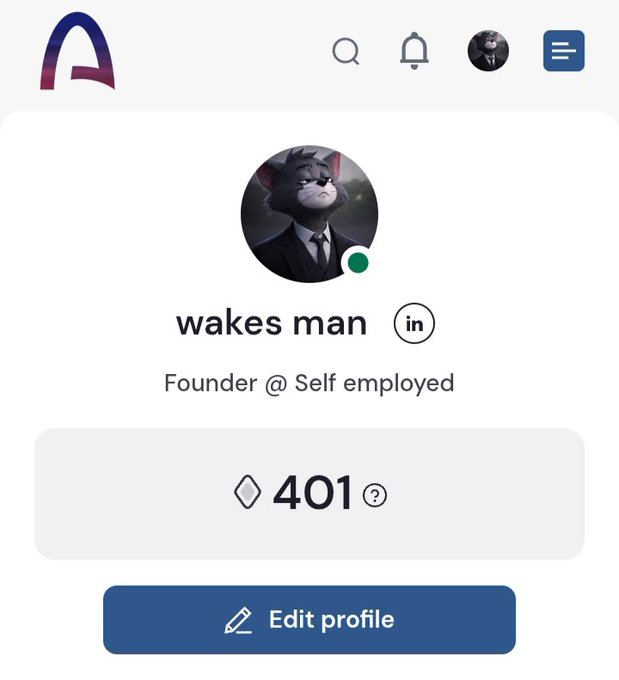 A profile page for 'wakes man' showing 'Founder @ Self employed', a diamond count of 401, and an 'Edit profile' button, with an avatar of a cat in a suit.