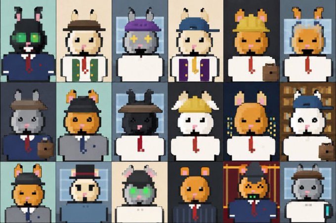 A 3x6 grid of pixel art bunny characters wearing various outfits including business suits, hard hats, and casual wear, set against different background colors.