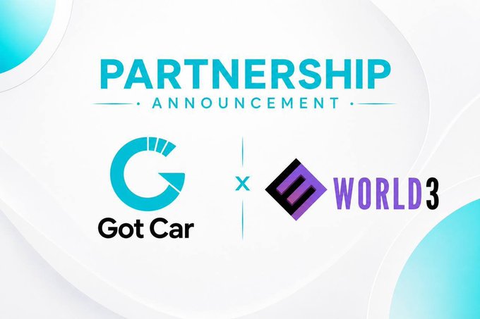 A partnership announcement graphic featuring the text "PARTNERSHIP ANNOUNCEMENT" above the logos of "Got Car" (a teal "G" emblem) and "WORLD3" (a purple diamond-shaped "W" logo), separated by a teal "×" symbol, all set against a clean white background with teal accents—visually reinforcing the collaboration between Got Car and WORLD3 highlighted in the accompanying post.