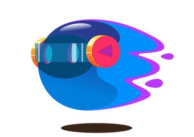 A digital illustration of a blue, blob-like character wearing colorful headphones, floating or jumping above a brown puddle or shadow.