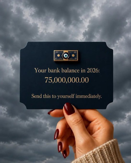 In the image, a hand holding a metallic sign displaying an absurdly large bank balance (75 million dollars) against a stormy sky, suggesting that sending this card to oneself can unlock a sudden windfall. The cloudy weather subtly implies that financial security arrives unexpectedly, like the sudden calm after a storm, reinforcing the message that wealth can materialize unexpectedly if the right steps are taken.
