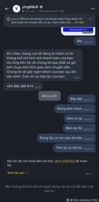 A screenshot of a Vietnamese Telegram chat with user ying69o9 shows a scam message claiming someone's wife gave birth and requesting financial help via Zalo, followed by suspicious responses asking for phone numbers and receiving money.