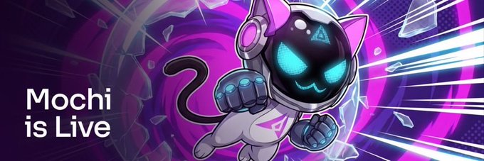 "Mochi is Live" banner featuring an animated cat character in a futuristic white and pink spacesuit with glowing blue eyes, set against a dynamic purple background with shattered glass effects and a glowing portal—visually capturing the playful confrontation between the narrator and Mochi over the limits of blockchain and oracles.