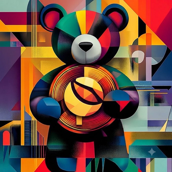 A vibrant, cubist-style digital artwork features a bold black teddy bear holding a glowing gold coin with red accents, set against a colorful geometric background. The imagery reinforces the "Hold $LUNC" message by symbolizing a "hodl" bear clutching its Terra Luna Classic token tightly.