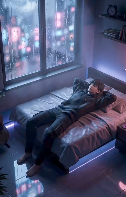 An anime-style illustration of a young man lying relaxed on a bed in a room with large windows, looking out at a vibrant, rainy cityscape at night illuminated by purple and pink lights.