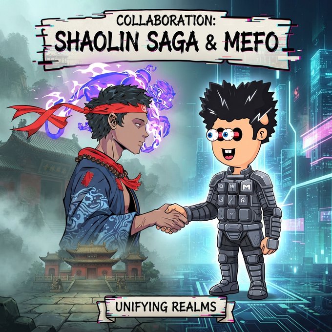 Promotional artwork titled 'COLLABORATION: SHAOLIN SAGA & MEFO' with the subtitle 'UNIFYING REALMS,' showing a martial artist shaking hands with a cartoon character in a futuristic suit.