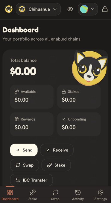 A cryptocurrency wallet dashboard for 'Chihuahua' showing a total balance of $0.00, with options to Send, Receive, Swap, Stake, and IBC Transfer, along with Available, Staked, Rewards, and Unbonding balances all at zero.