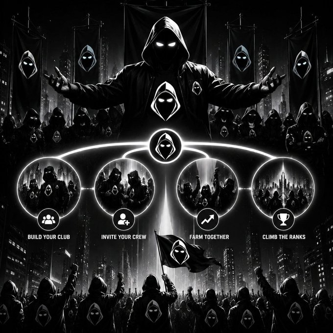 A hooded figure with glowing eyes stands above four illuminated circular panels reading "BUILD YOUR CLUB," "INVITE YOUR CREW," "FARM TOGETHER," and "CLIMB THE RANKS," with a masked crowd waving $HOOD banners below—visually reinforcing the launch of HOOD Club's community-driven, rank-climbing platform.