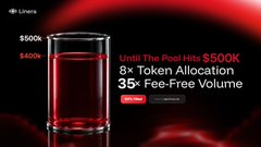 A dark promotional graphic for Linera features a glass of red liquid with markers for "$400k" and "$500k", advertising an "8x Token Allocation" and "35x Fee-Free Volume" giveaway.